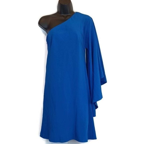 NICOLE MILLER 0 Blue One Shoulder Waterfall Sleeve Dress Lined Special Occasion - Picture 2 of 15
